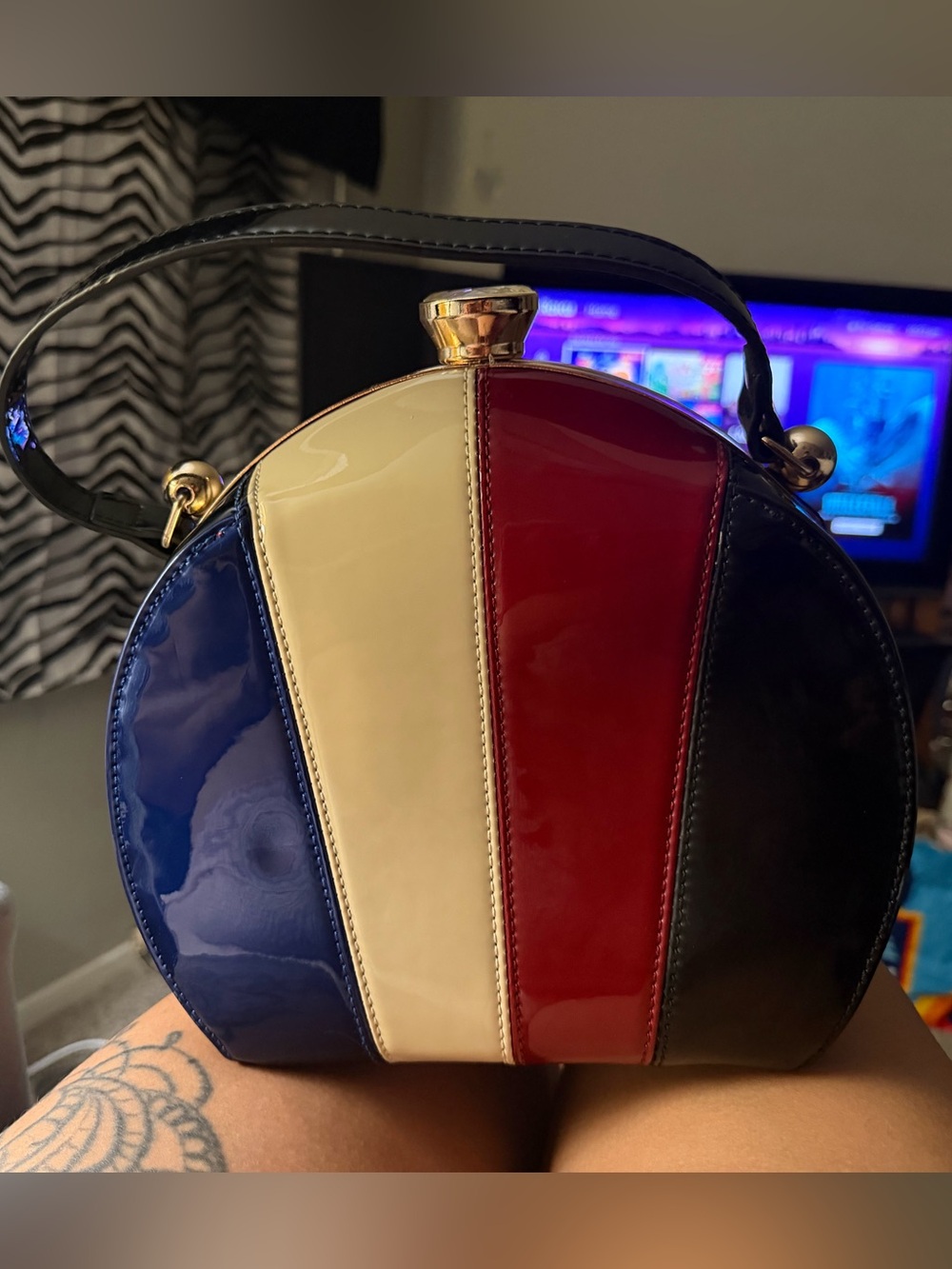 Patent Tri-Stripe Dome Handbag - Red, Cream, Blue